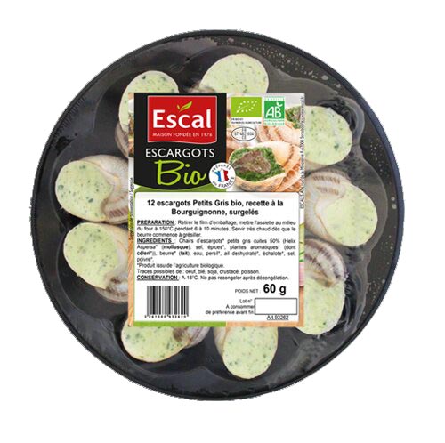 One black plastic bowl with 12 organic escargots