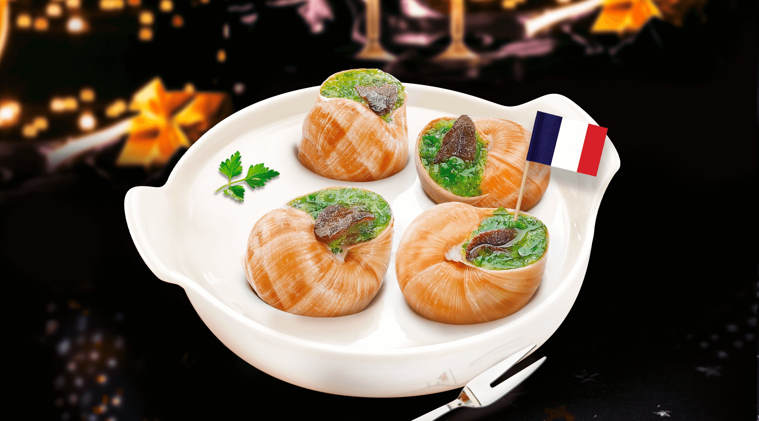 A white plate with 4 Burgundy escargots and a French flag and the background is festive