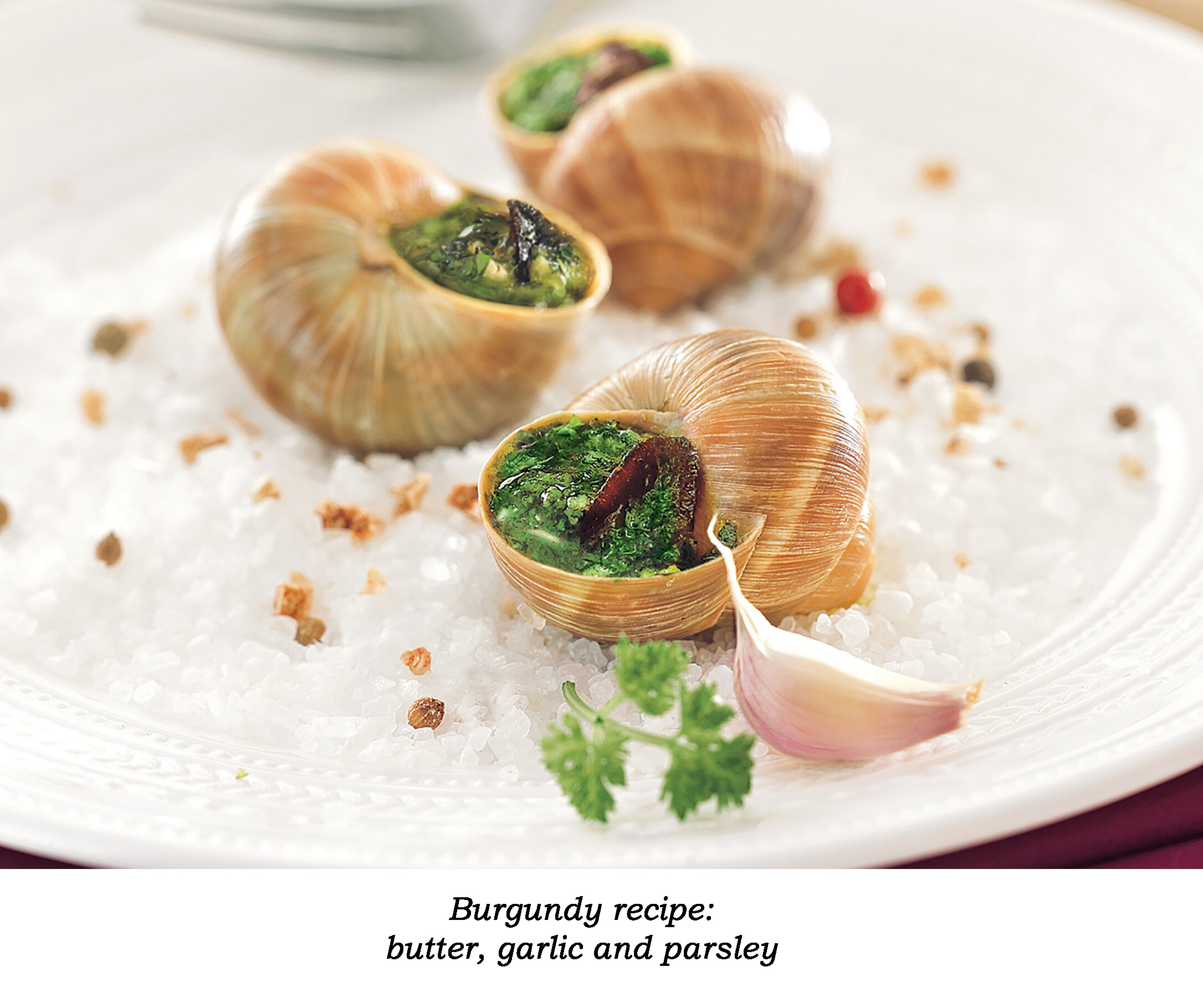 A cut-out of a white plate with salt and 3 escargots with Burgundy recipe