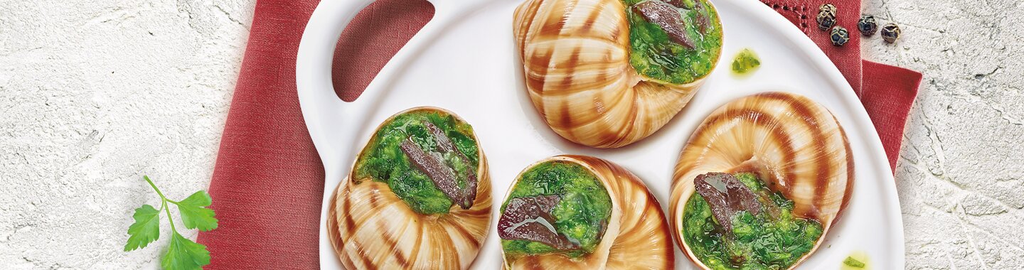 Une assiette blanche avec 5 escargots classiques