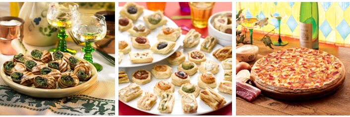 3 images combined into one image. One is with Burgundy escargots, one is with various puff pastries and one is with a French thin tart