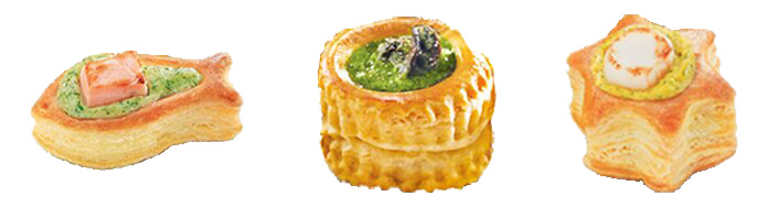 One fish with salmon one vol au vent with escargot and one star with scallop